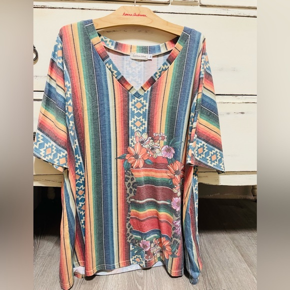 Vintage Tops - Bright & Bold Multicolor Serape V-Neck Top with Floral Accents